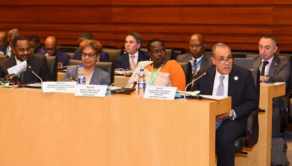 Egyptian Foreign Minister Badr Abdelatty speaking during a session in New York