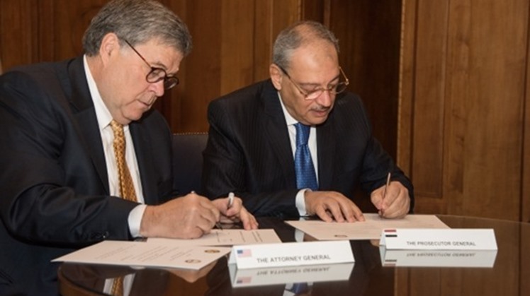 Egypt’s Public Prosecutor Nabil Sadek and United States Attorney General in the Donald Trump administration William Barr sign on Thursday a memorandum of understanding for judicial cooperation in Washington – Courtesy of the US Department of Justice
