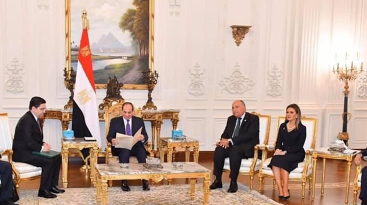 President Abdel Fatah al-Sisi in a meeting with Moroccan Minister of Foreign Affairs Nasser Bourita on the sidelines of Africa 2019 conference held in the New Administrative Capital (NAC). November 22, 2019. Press Photo
