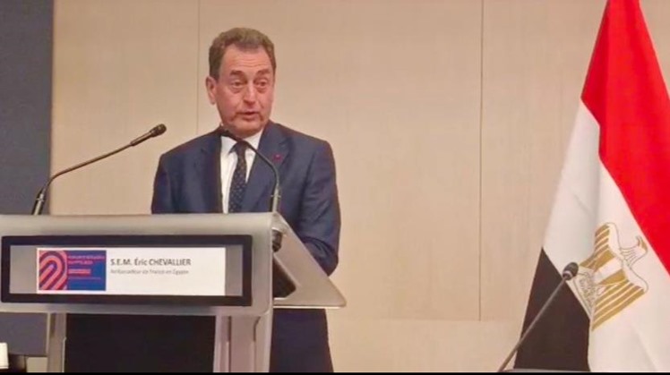 French Ambassador to Egypt Eric Chevallier speaks during the Egyptian-French Business Forum in Paris.