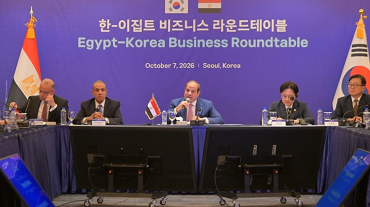 President Abdel Fattah El-Sisi meets executives from leading South Korean companies and business representatives during a roundtable in Seoul.