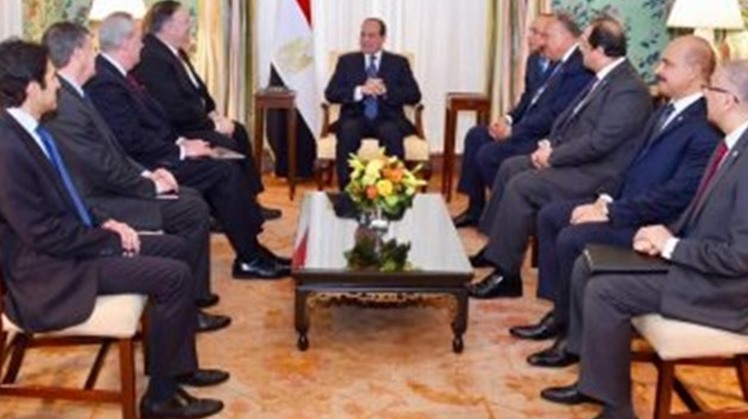 President Abdel Fatah al-Sisi during his meeting with US Secretary of State Mike Pompeo at his residence in Blair House in Washington - Press Photo
