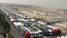 Long queues of humanitarian aid trucks waiting for the green light to move from Cairo heading towards the Gaza Strip on January 26, 2025