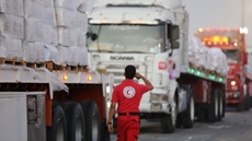  An ERC's humanitarian aid convoy moves toward the Gaza Strip after Israel announces a tactical pause, 27 July 2025 
