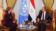 Egyptian Foreign Minister Badr Abdelatty meets UNCCD Executive Secretary Yasmine Fouad to discuss preparations for Egypt's hosting of COP18 in 2028 and cooperation on drought and desertification.